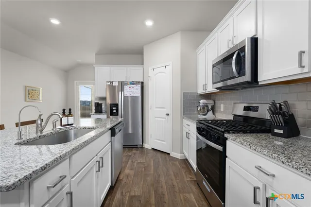 a kitchen with appliances a sink a counter top space and cabinets