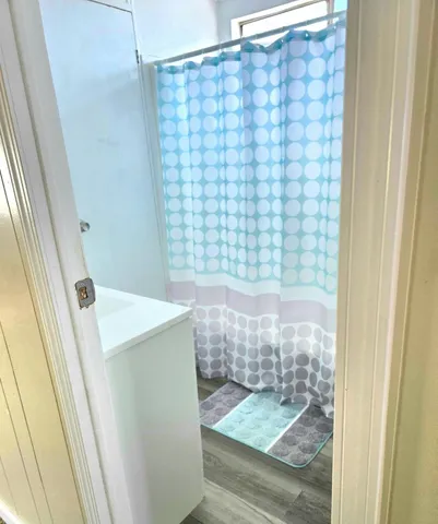 a bathroom with a shower and a sink