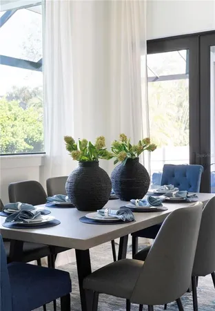 a view of a dining room with furniture window and outside view