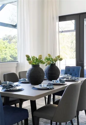 a view of a dining room with furniture window and outside view