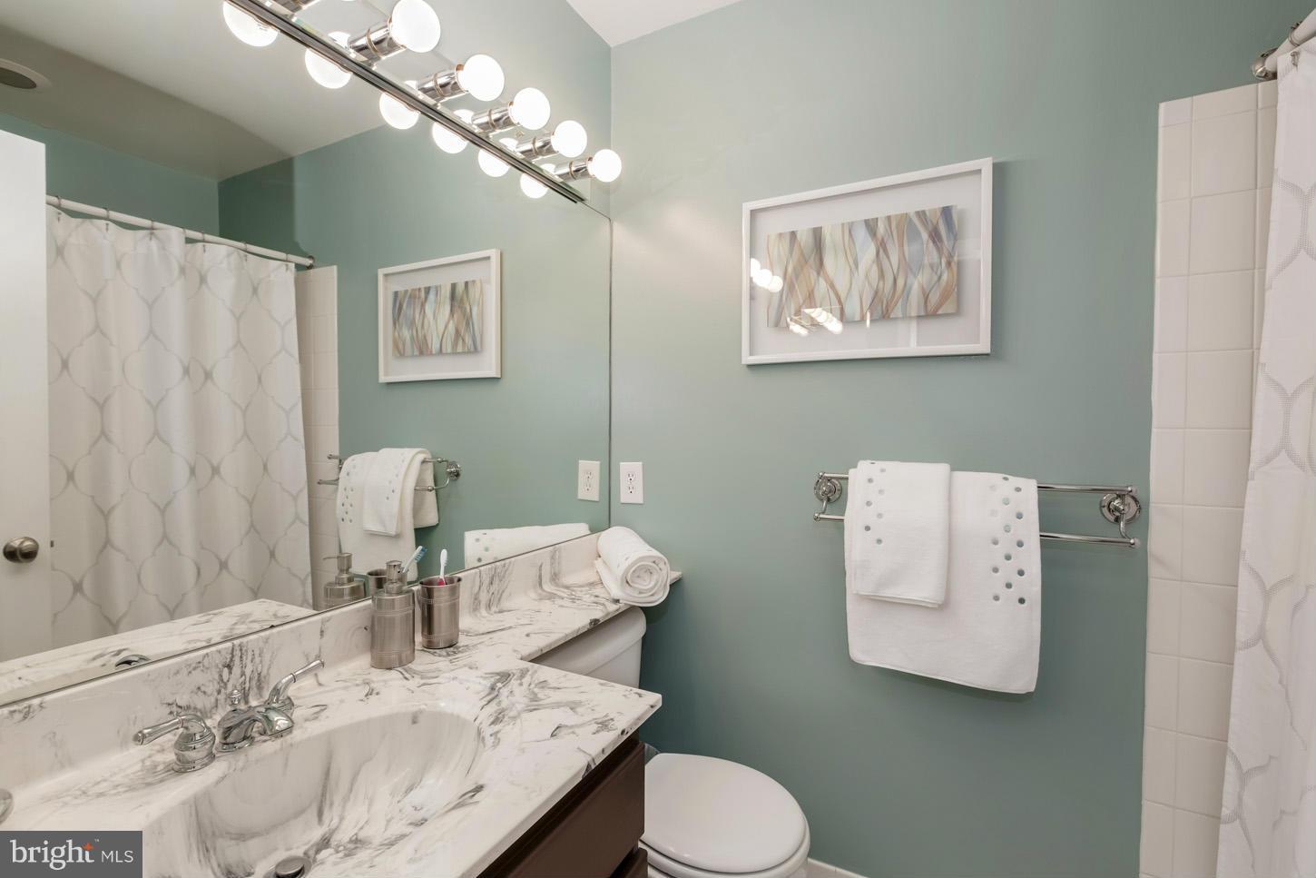 1233 Portner Road Alexandria, VA 22314 - Photo 23 of 29 a bathroom with a granite countertop sink a toilet and a mirror