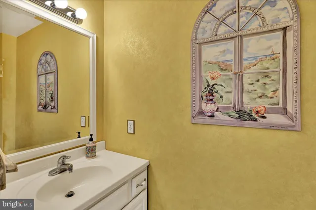 a bathroom with a sink mirror and vanity