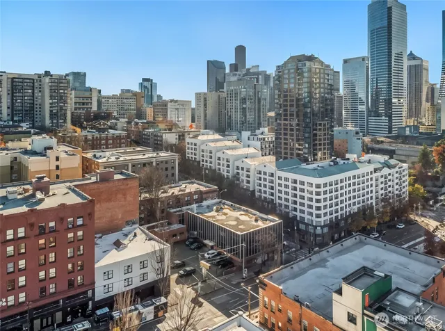 a city view with tall buildings