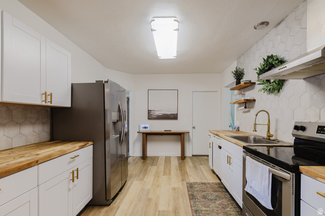 244 North 600 West Logan, UT 84321 - Photo 24 of 30 Modern kitchen featuring white shaker cabinetry, wood-finish countertops, stainless steel appliances, a hexagonal tile backsplash, and light wood-finish flooring