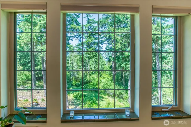 a view of a green room with two large windows