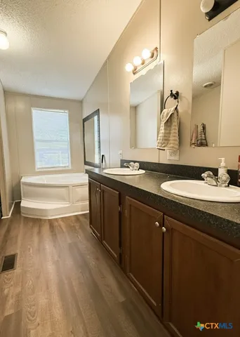 a bathroom with a sink a toilet and a mirror