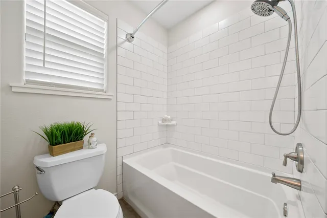 a bathroom with a toilet a bath tub and a potted plant
