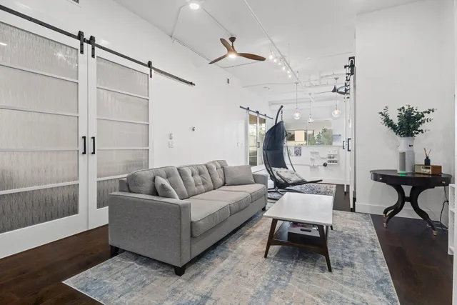 a living room with furniture and a potted plant