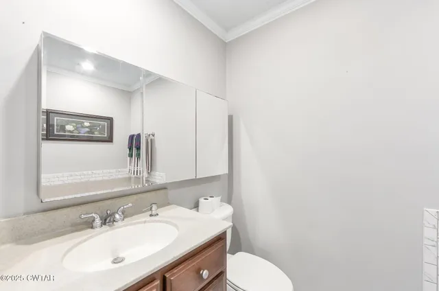 a bathroom with a sink vanity mirror and toilet