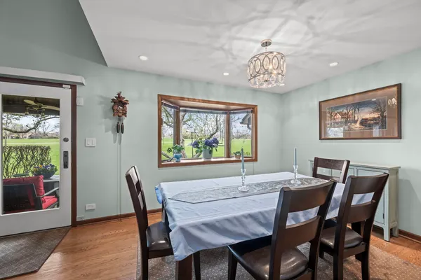 a view of a dining room with furniture large window and wooden floor
