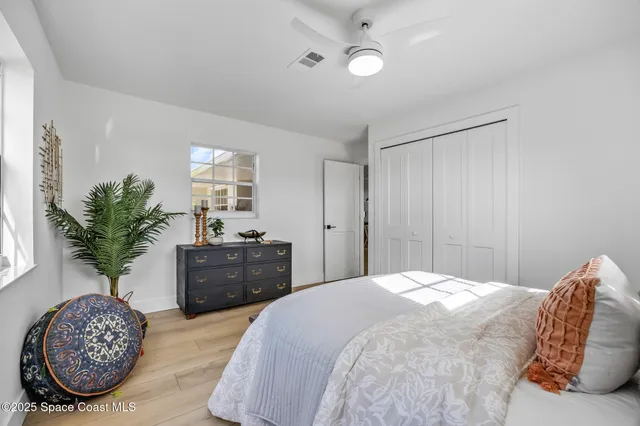 a bedroom with a large bed and a potted plant