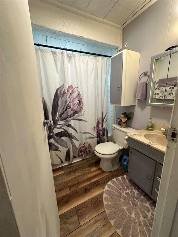 355 Spring Valley Street Gun Barrel City, TX 75156 - Photo 6 of 27 Bathroom featuring wood-finish flooring, a built-in vanity with a stone-finish countertop, and a recessed medicine cabinet