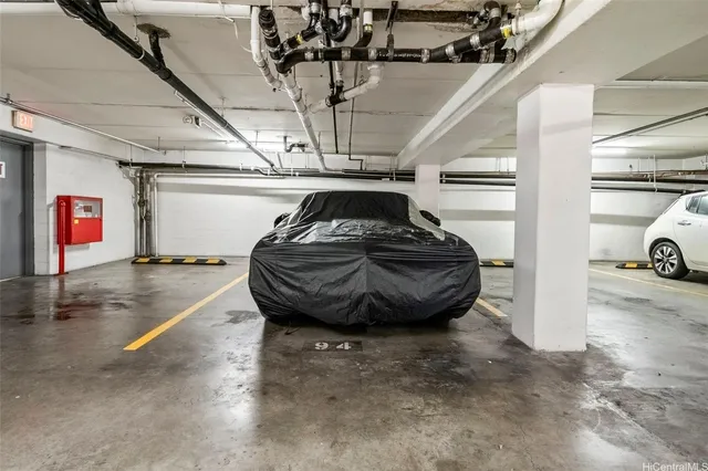 a view of a car in garage