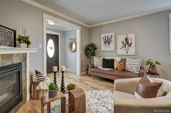 a living room with furniture and a fireplace
