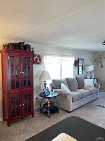 a living room with furniture cabinets and a window