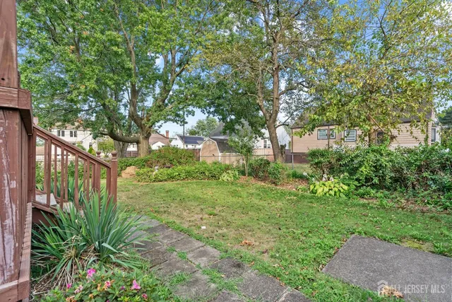 a view of a yard with plants and large trees