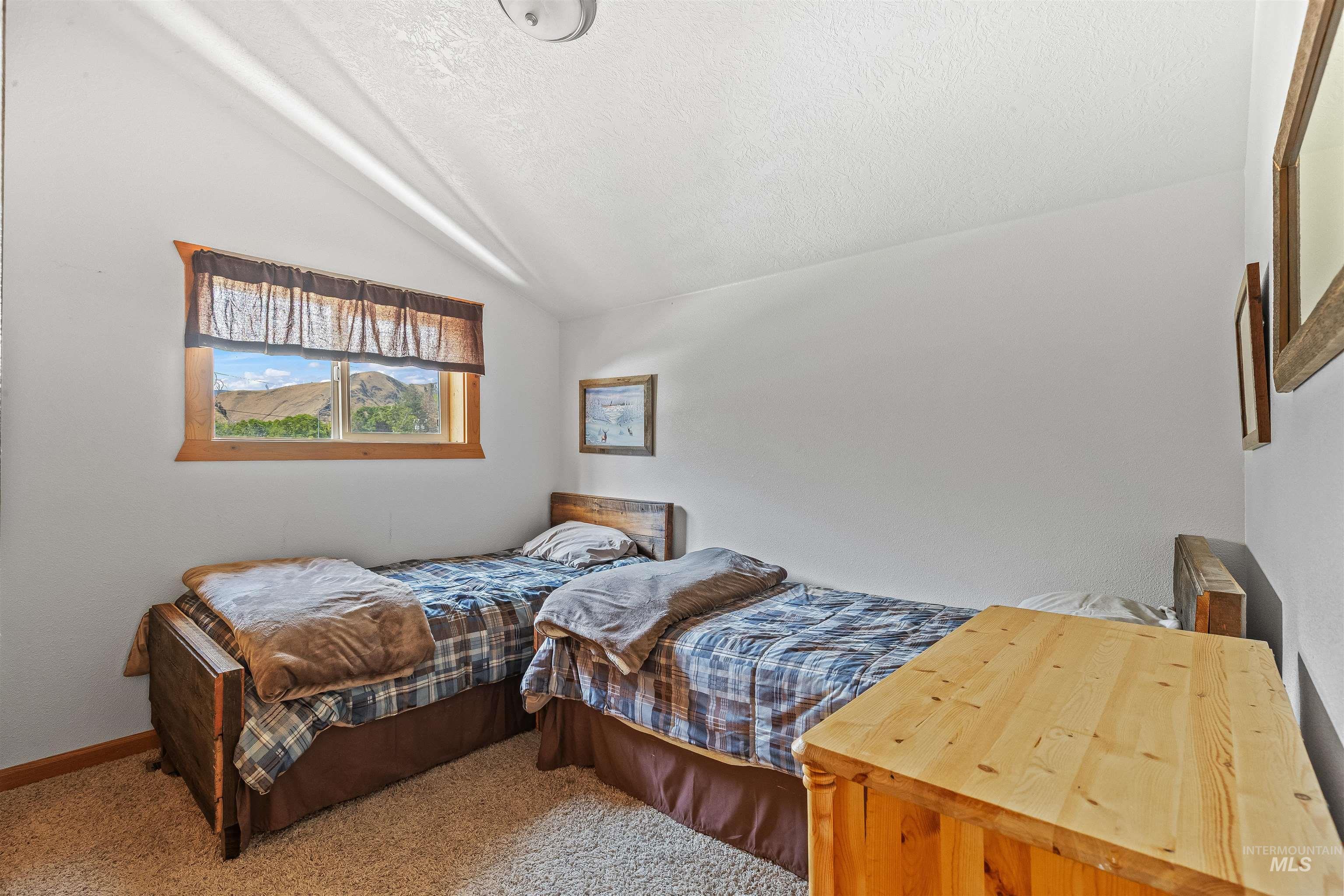 302 Berger Street Riggins, ID 83549 - Photo 29 of 47 Carpeted bedroom featuring lofted ceiling and a textured ceiling