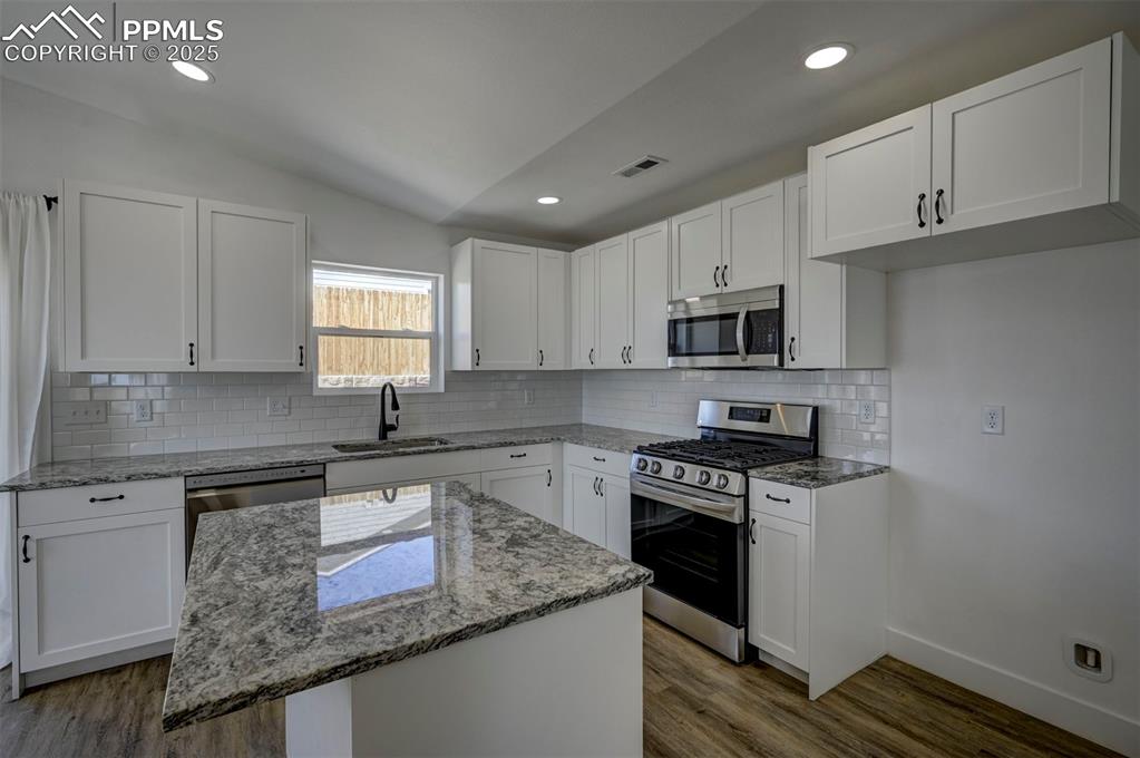 1436 Brewery Road Pueblo, CO 81001 - Photo 12 of 40 Kitchen featuring a sink, visible vents, light stone counters, and appliances with stainless steel finishes