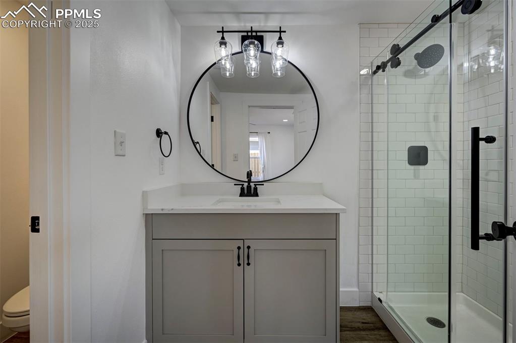 1436 Brewery Road Pueblo, CO 81001 - Photo 21 of 40 Bathroom featuring toilet, a stall shower, vanity, and wood finished floors