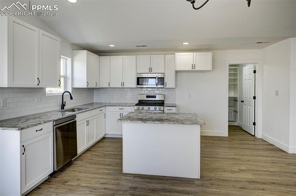 1436 Brewery Road Pueblo, CO 81001 - Photo 8 of 40 Kitchen with light stone countertops, white cabinets, a sink, and stainless steel appliances
