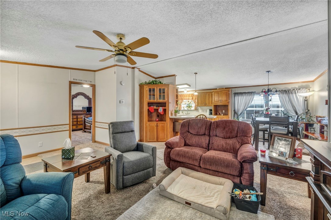 27202 Cook Road, Unit 95 Olmsted Falls, OH 44138 - Photo 10 of 46 Carpeted living area featuring ornamental molding, a textured ceiling, vaulted ceiling, and a ceiling fan