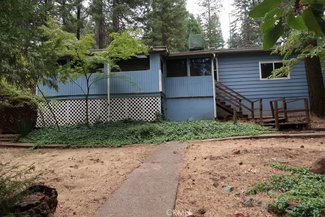 a view of backyard with a deck and plants