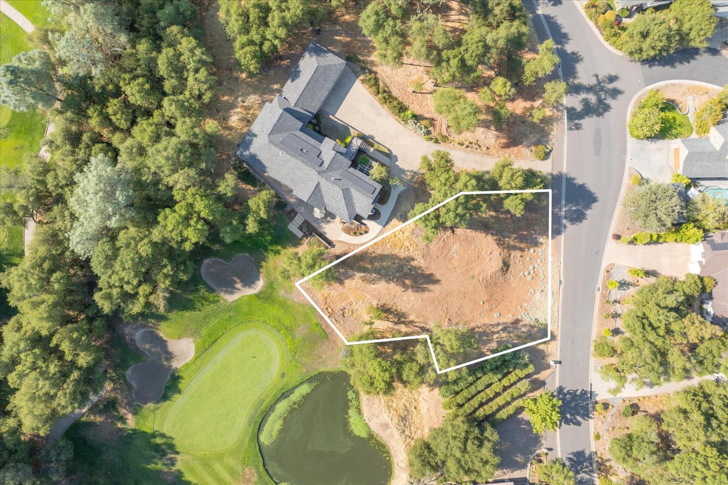 an aerial view of a house with swimming pool and large trees