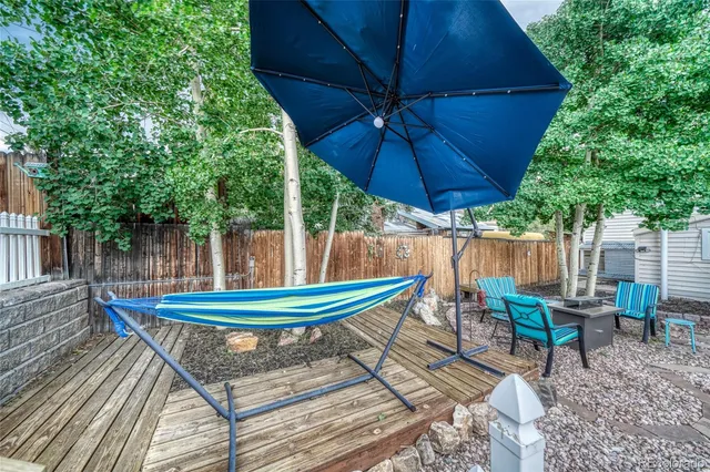 a small view of a backyard with a patio table and chairs