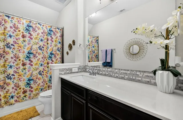 a bathroom with a sink a toilet and a shower curtain