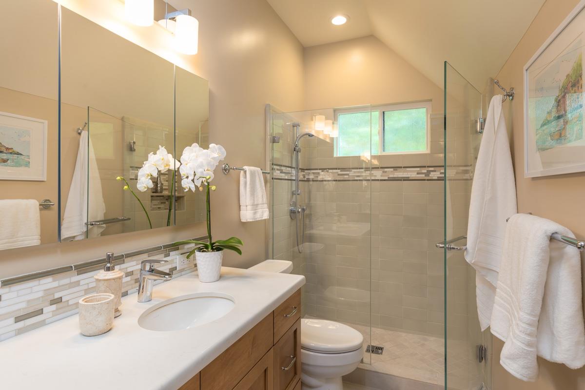 8 Farm Road Los Altos, CA 94024 - Photo 10 of 19 a bathroom with a granite countertop sink toilet and shower