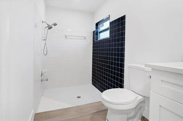 a bathroom with a shower and a toilet