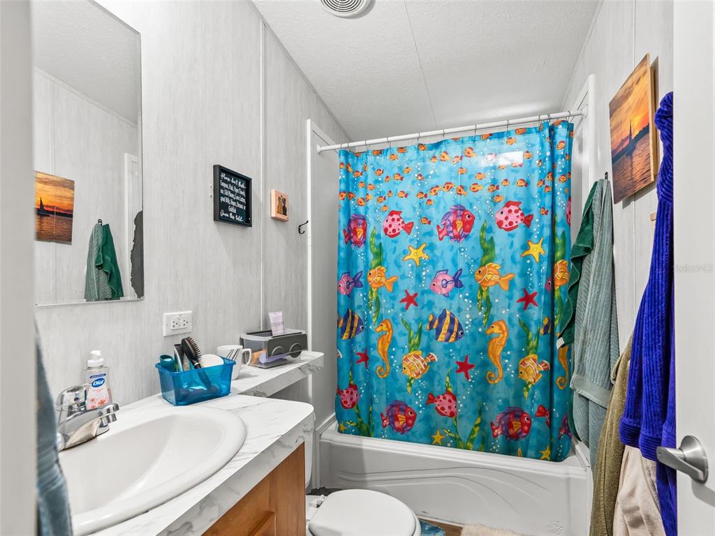17090 Southeast 173rd Terrace Road Weirsdale, FL 32195 - Photo 39 of 54 a bathroom with a sink a toilet and a curtain