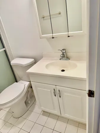 a bathroom with a sink a toilet and a mirror