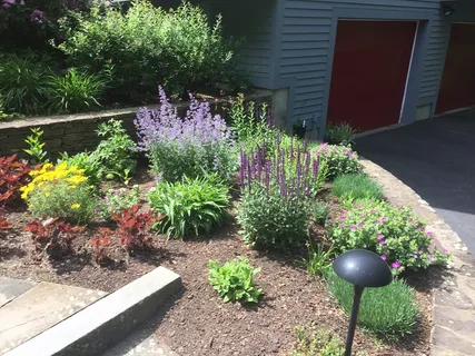 a view of a flower in a garden with statue