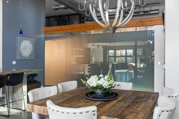 a dining room with furniture