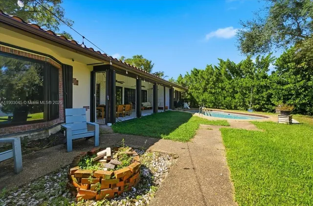 a view of a swimming pool with a yard