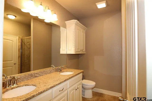 a bathroom with a granite countertop sink toilet and mirror