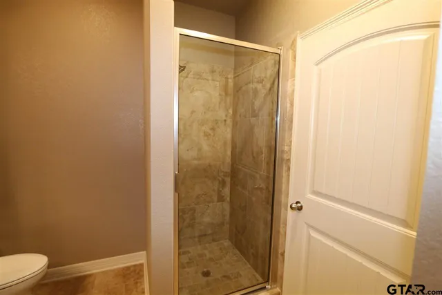 a bathroom with a shower and a toilet
