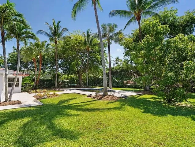 a view of a backyard with swimming pool