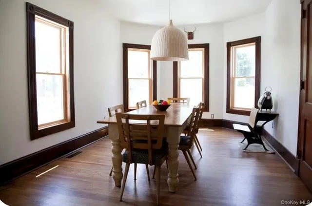 a view of a dining room with furniture window and wooden floor