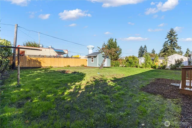 a view of a big yard with potted plants and large tree