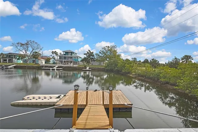 a lake view with boat and palm trees