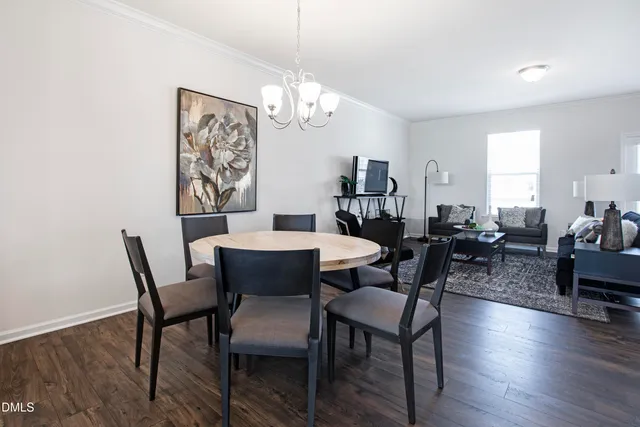a view of a dining room with furniture wooden floor and chandelier
