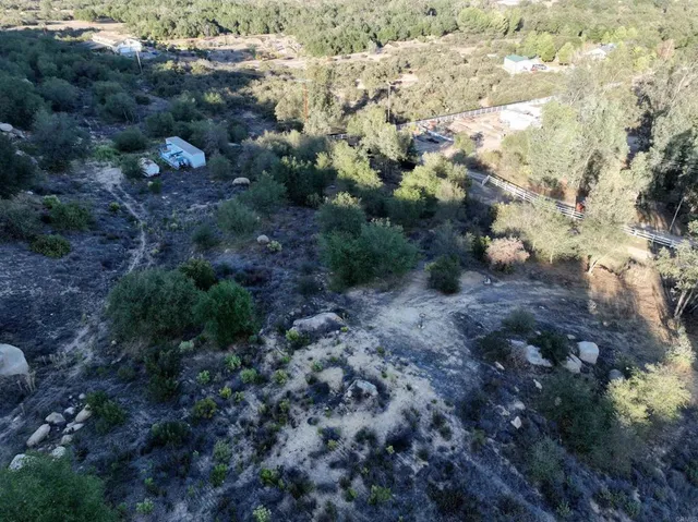 a view of a dry field with trees