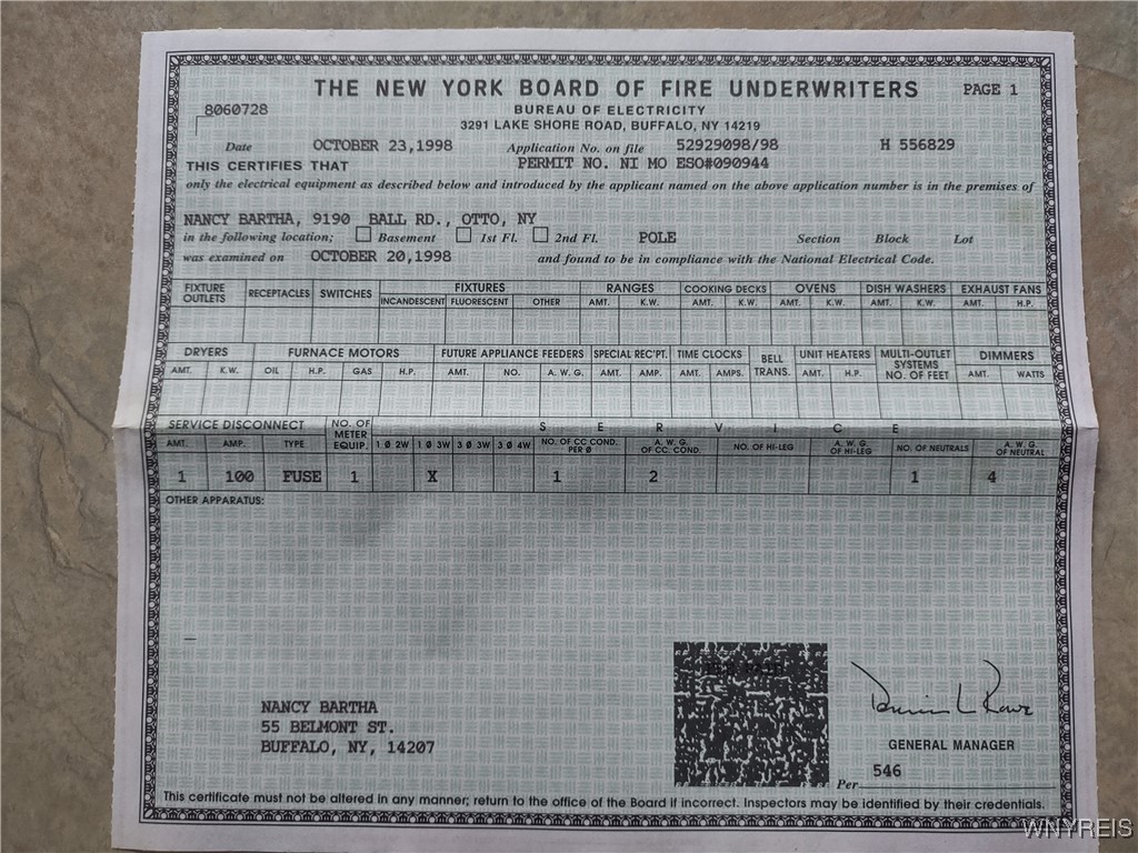 9190 Ball Road Otto, NY 14719 - Photo 20 of 20 Electrical Certificate