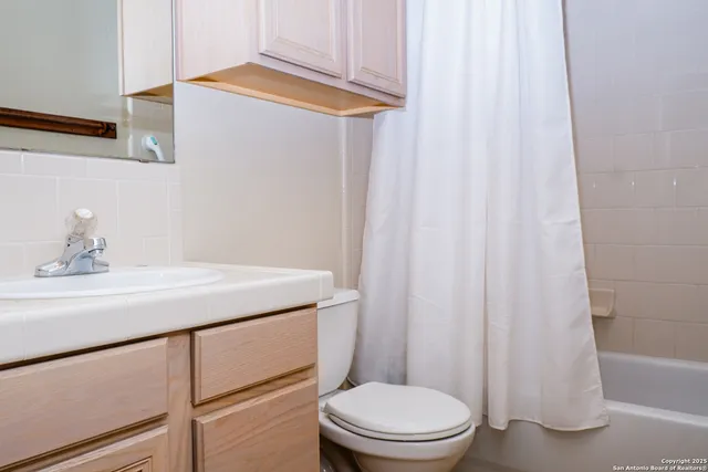 a bathroom with a sink a toilet and shower curtain