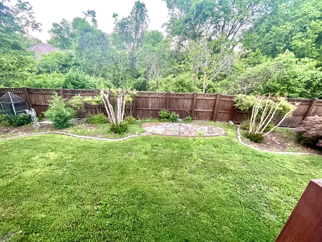 a view of a backyard with table and chairs potted plants and large tree