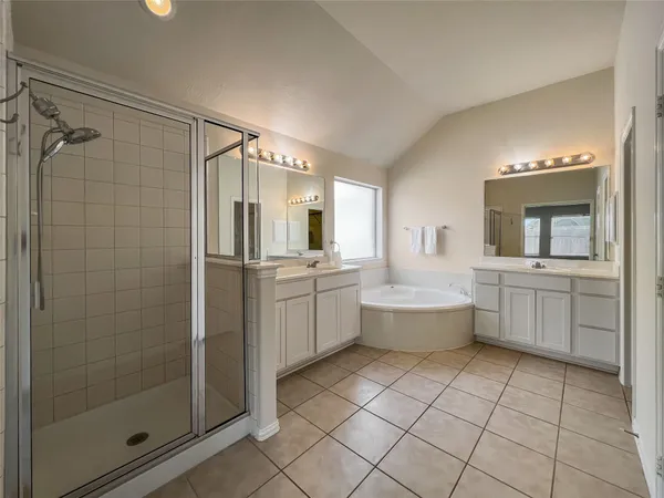 a bathroom with a double vanity sink mirror and shower