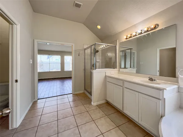 a bathroom with a sink a mirror and a shower