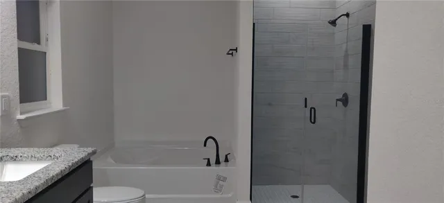 a bathroom with a granite countertop bathtub shower sink vanity and toilet